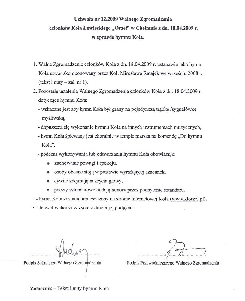 Uchwała Walnego Zgromadzenia Koła Łowieckiego ORZEŁ dotycząca hymnu Koła